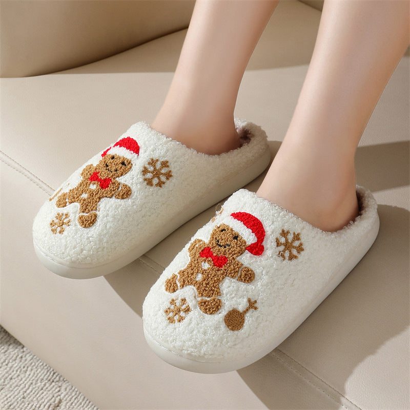 Christmas Snowflake Gingerbread Slippers Winter Indoor Non-slip Floor Bedroom Fuzzy House Shoes For Women Home Slippers